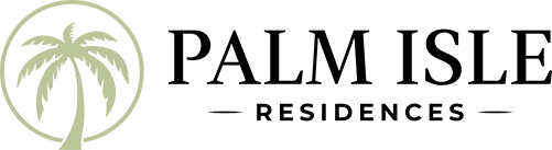 Logo for Palm Isle Residences featuring a green palm tree inside a circle next to the text "Palm Isle Residences" in uppercase black letters.
